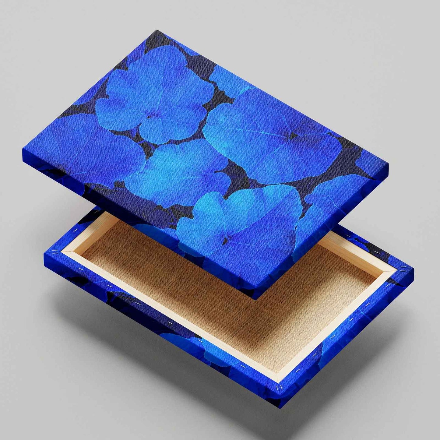 Blue & Black Floral Leaf Pattern - Framed Canvas Wall Art Print-1