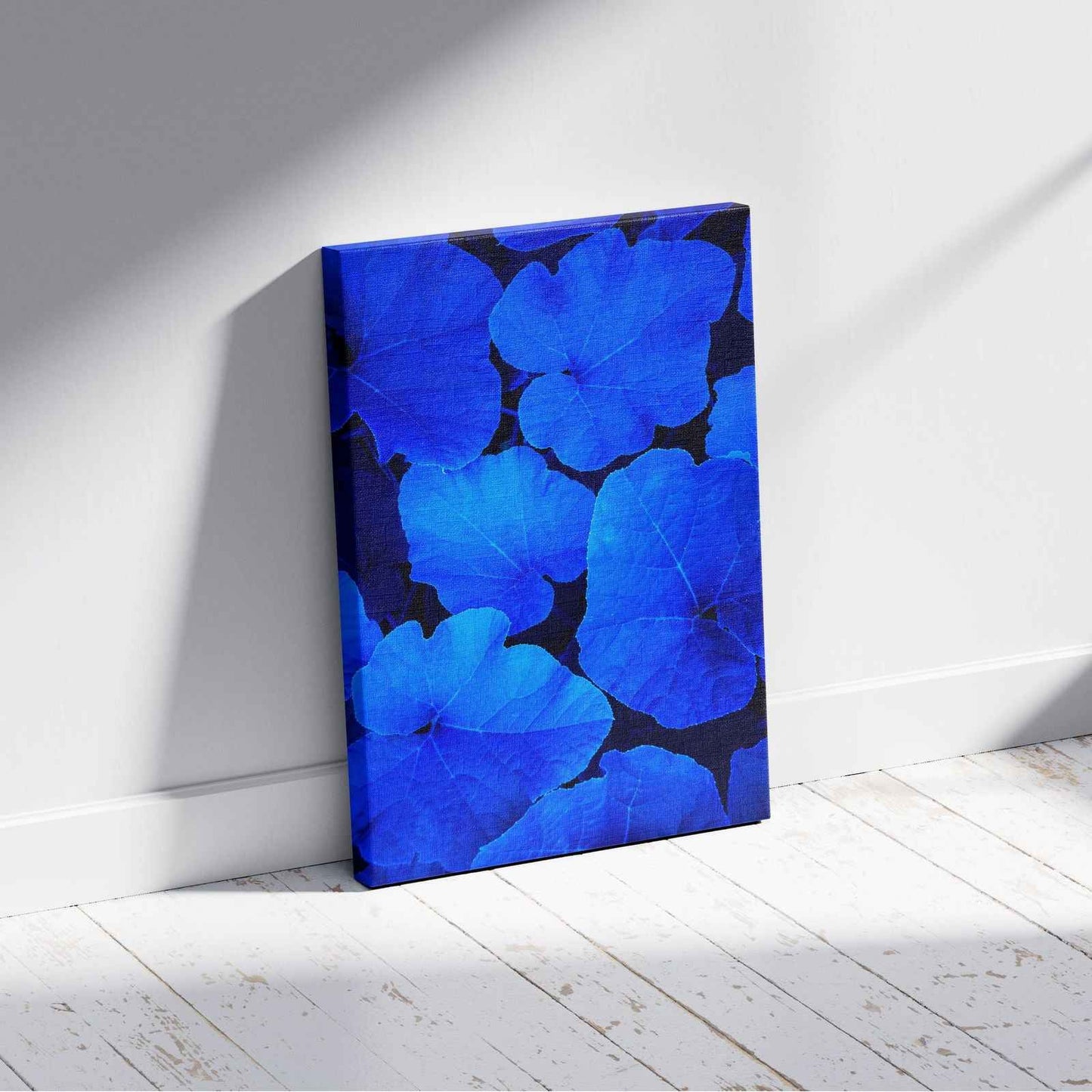 Blue & Black Floral Leaf Pattern - Framed Canvas Wall Art Print-2