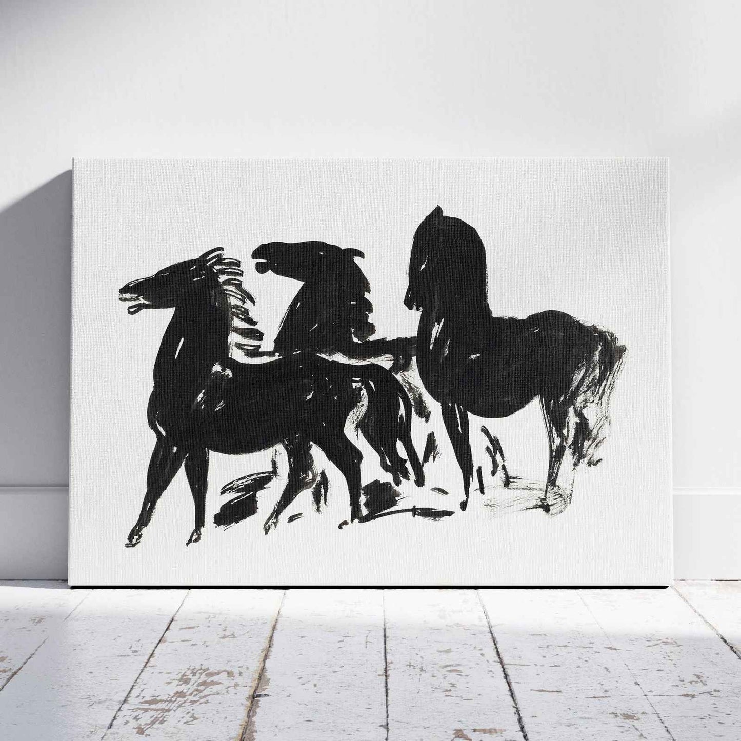 Drie Zwarte Paarden Staand Naar Links Kijkend - Leo Gestel - Framed Canvas Wall Art Print-0