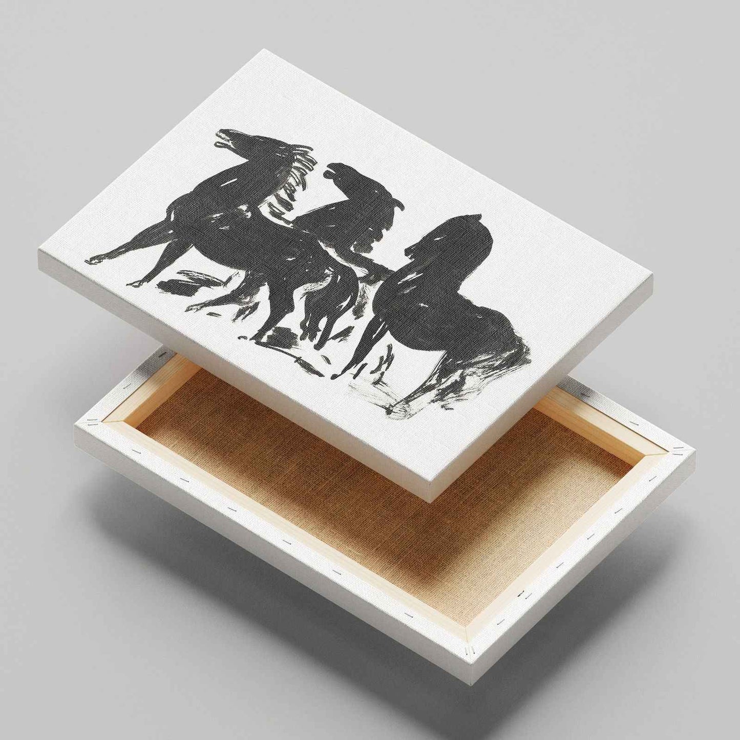 Drie Zwarte Paarden Staand Naar Links Kijkend - Leo Gestel - Framed Canvas Wall Art Print-1