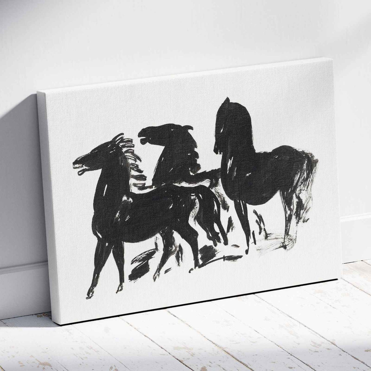Drie Zwarte Paarden Staand Naar Links Kijkend - Leo Gestel - Framed Canvas Wall Art Print-2