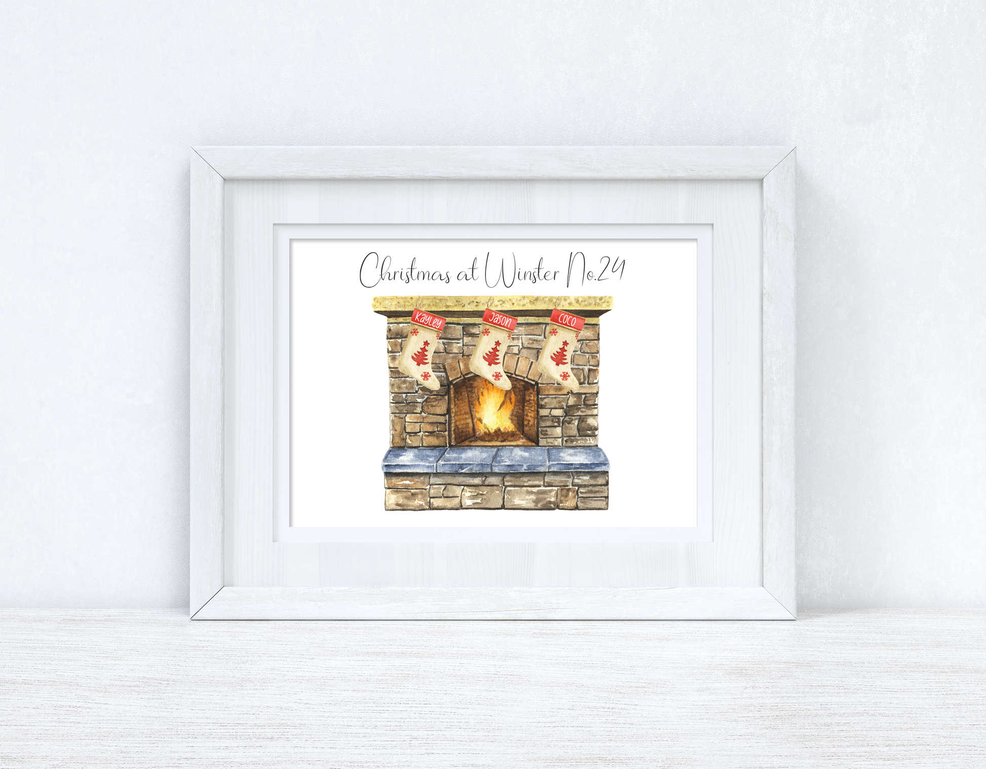 Personalised Fireplace Custom Name Stocking Christmas Seasonal Wall Home Decor Print-1
