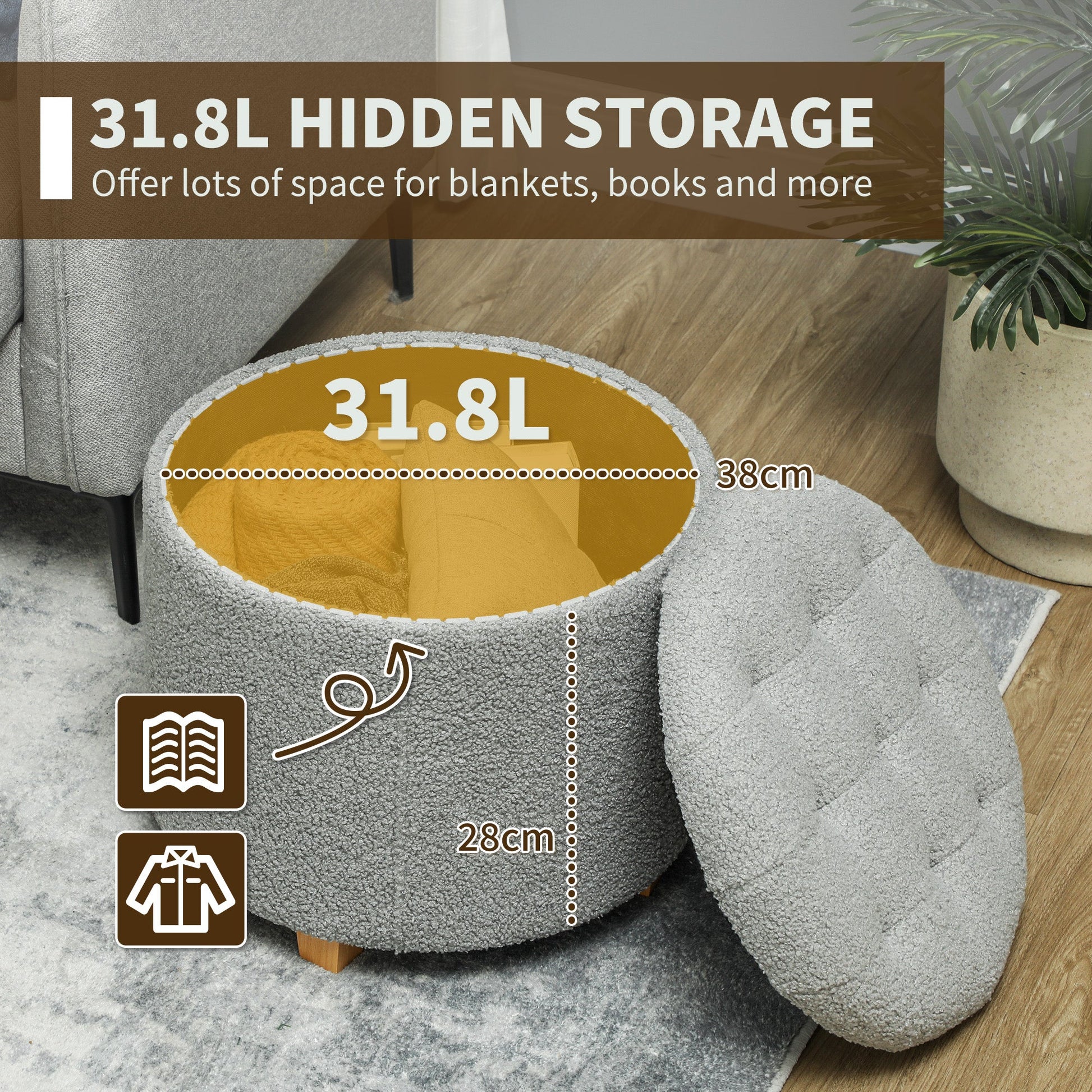 31.8L Teddy Fleece Storage Ottoman - Grey-3